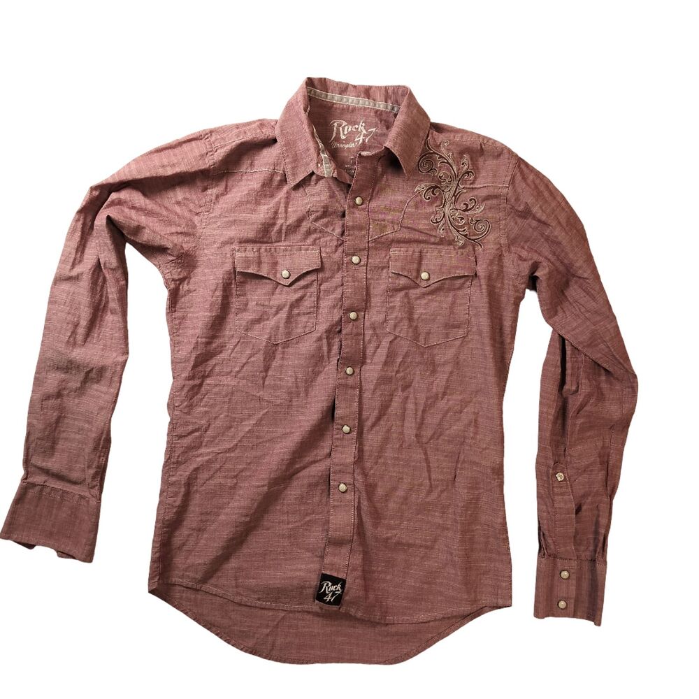 Men's Small Wrangler Rock 47 Long sleeve pearl snap western cowboy shirt.